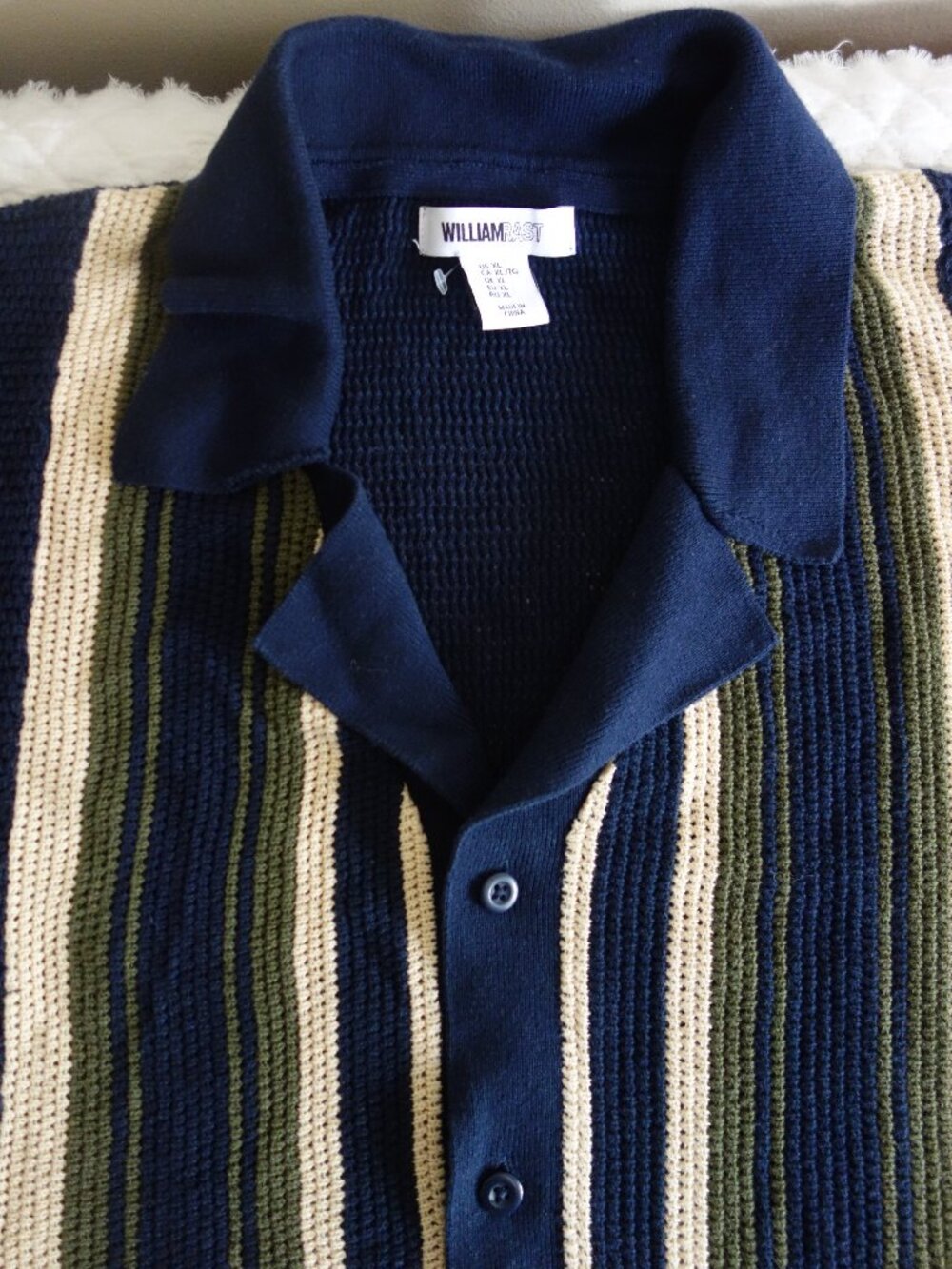 WILLIAM RAST Crochet Button Up Short Sleeve Navy Blue Stripe Shirt – Mens XL